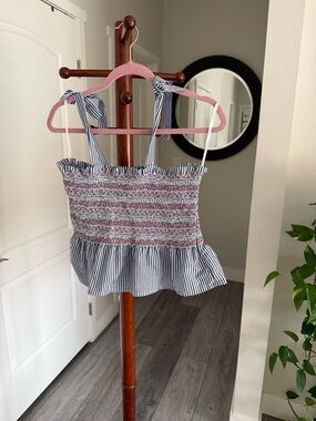 Striped Smocked Tie-Shoulder Peplum Cami in Blue and White